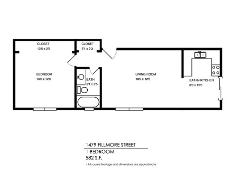 Floor plan for 1 bed, 1 bath, 582 sqft